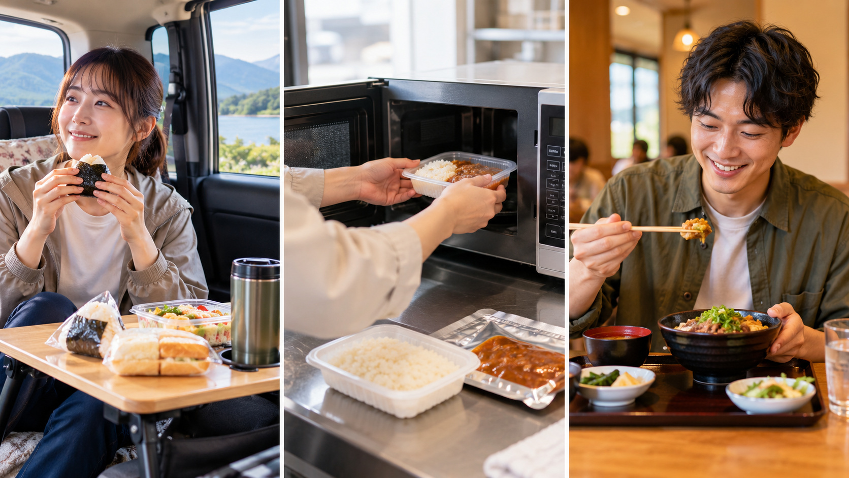 車中泊の食事について、車内でおにぎりを食べる方法、電子レンジで温める方法、飲食店で外食する方法を比較した様子