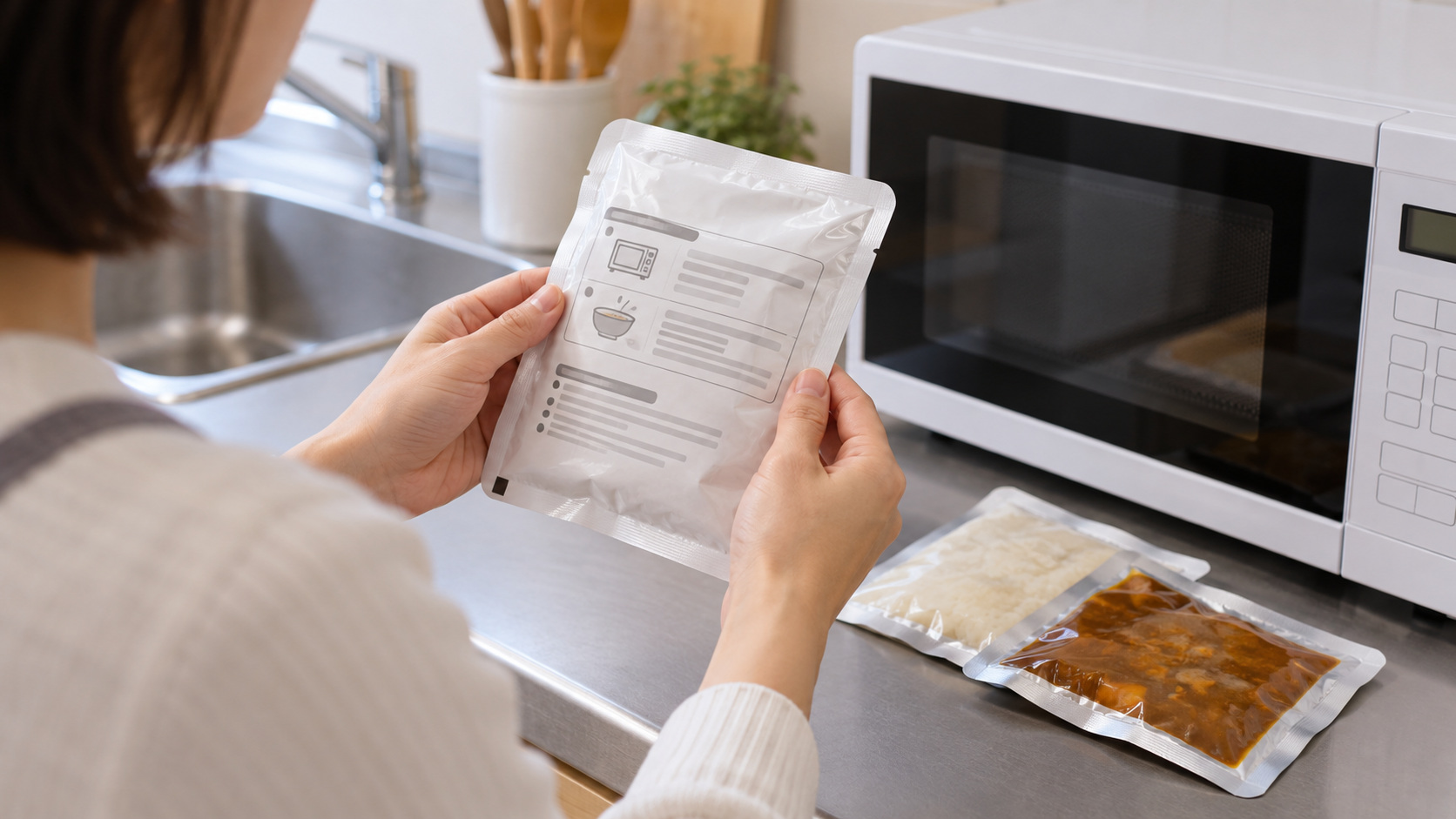 パックご飯やレトルト食品を温める前に、電子レンジのそばで食品の包装表示を確認する様子