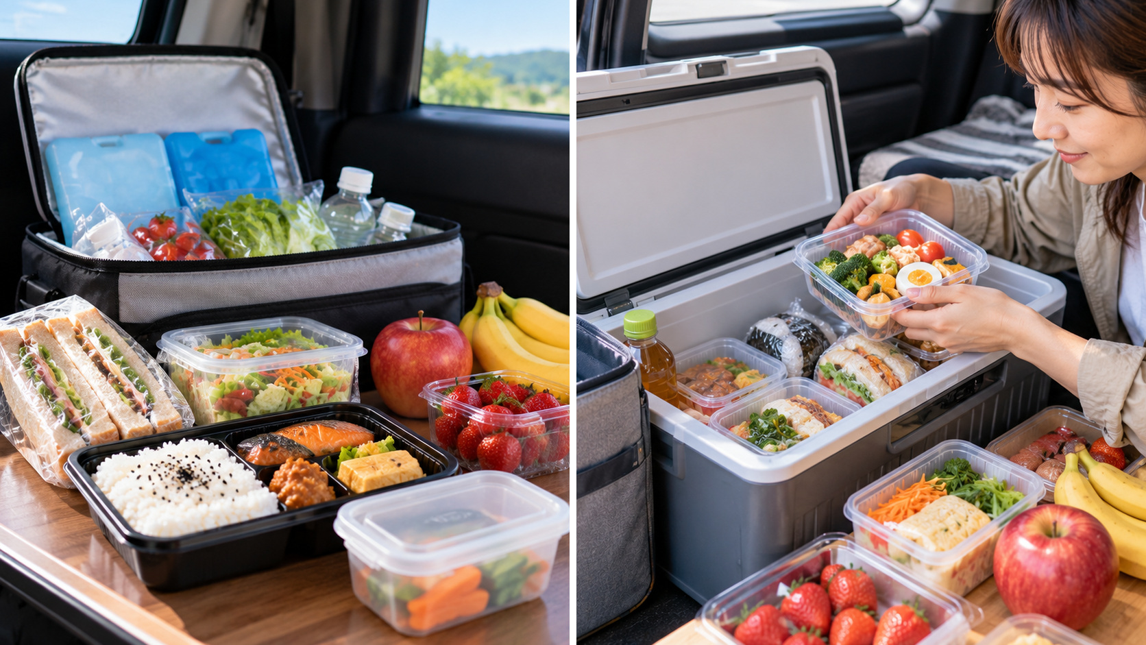車中泊で食べる弁当や野菜を、保冷剤入りの保冷バッグやクーラーボックスに収納する様子