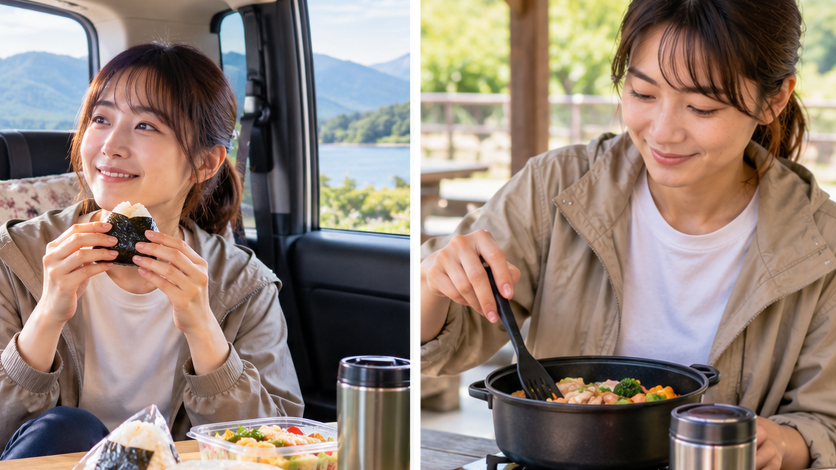 車内では火を使わずおにぎりを食べる場面と、屋外の調理スペースで鍋料理を用意する場面の比較