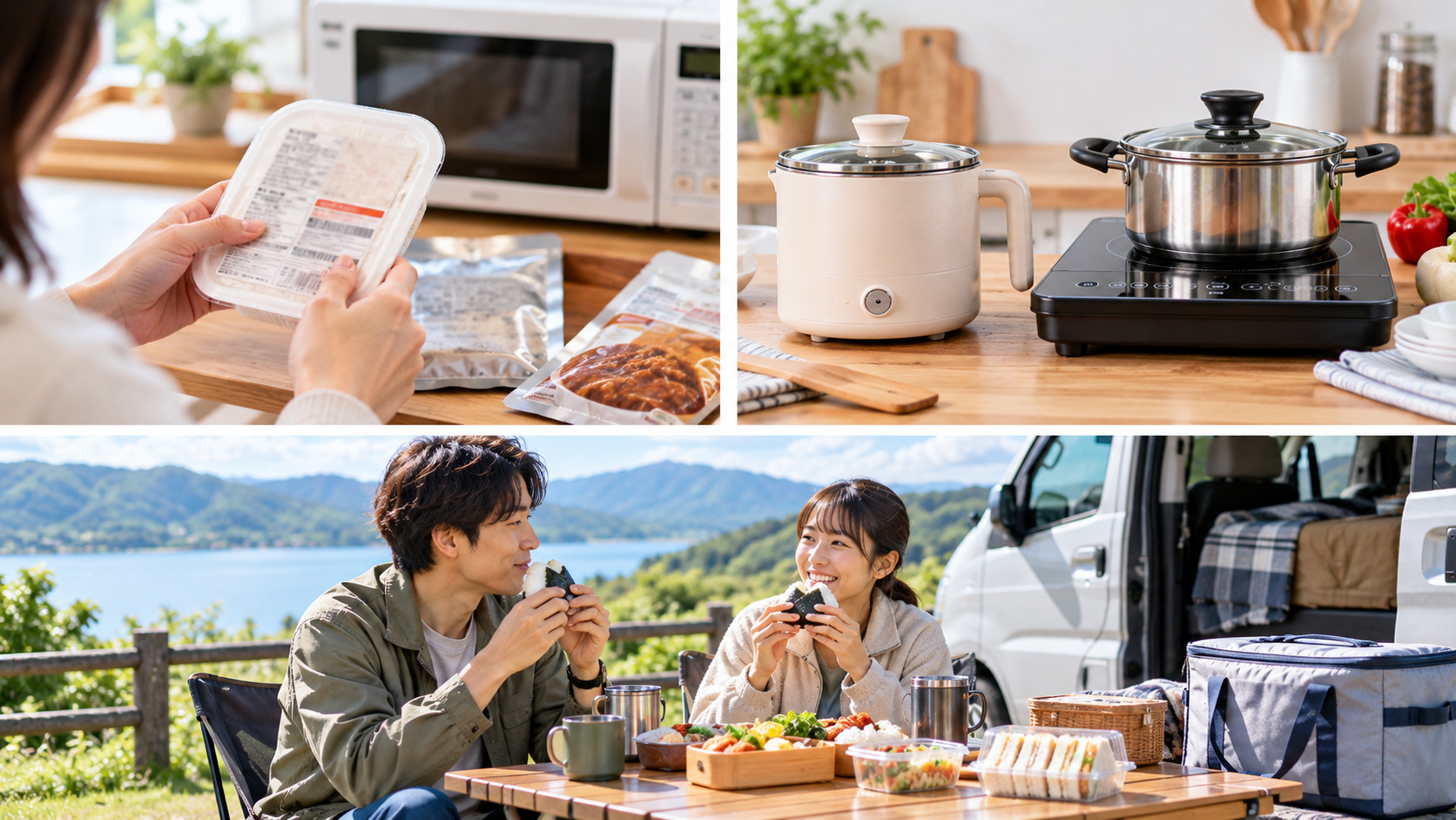 車中泊でおにぎりや弁当を楽しむ場面と、パックご飯の表示確認、小型電気調理器とIHの比較をまとめた様子