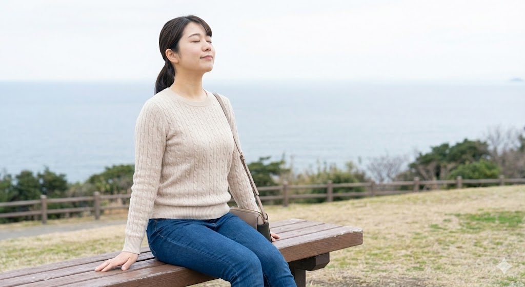 外のベンチ:「深い呼吸」で頭をリセット