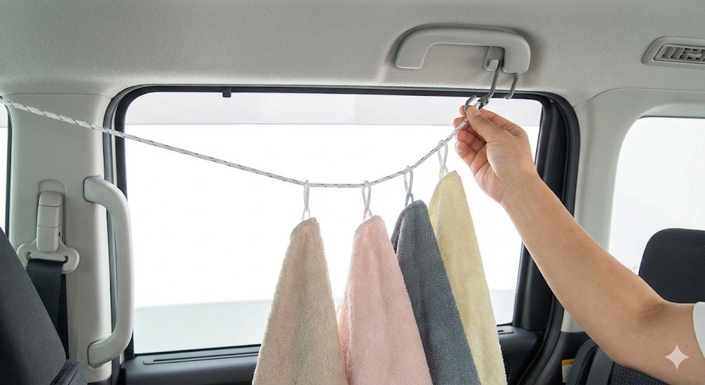 車用物干しロープ：アシストグリップへの常設
