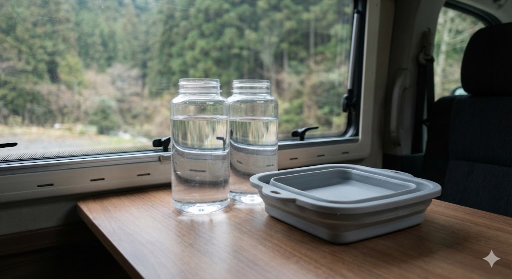 車中泊の体を拭くのに役立つ「水入れボトル」と「折り畳みの桶」