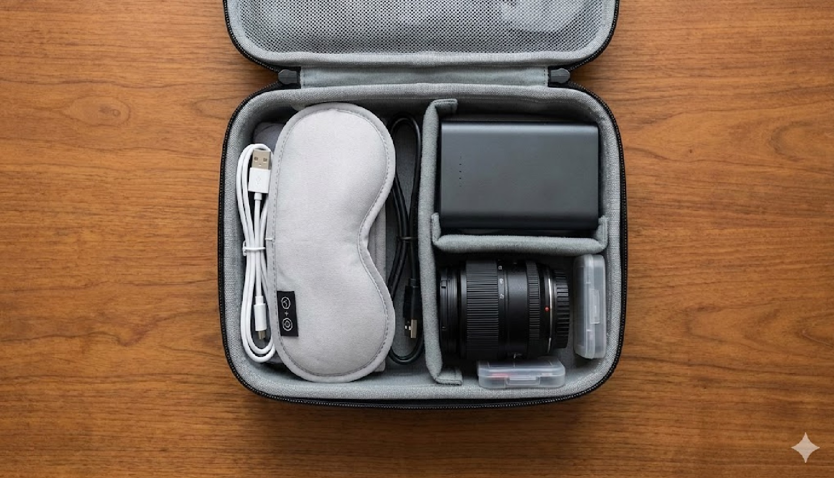 モバイルバッテリーを共有！撮影機材とアイマスクのスマートな持ち運び術