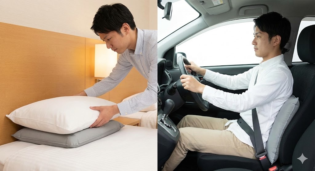 ③ ホテル枕の調整や車中泊に！汎用性抜群な「スクエア（平型）」