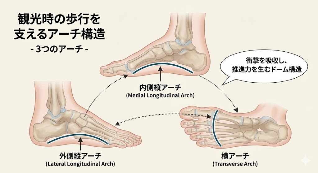 観光時の歩行を支えるアーチ構造