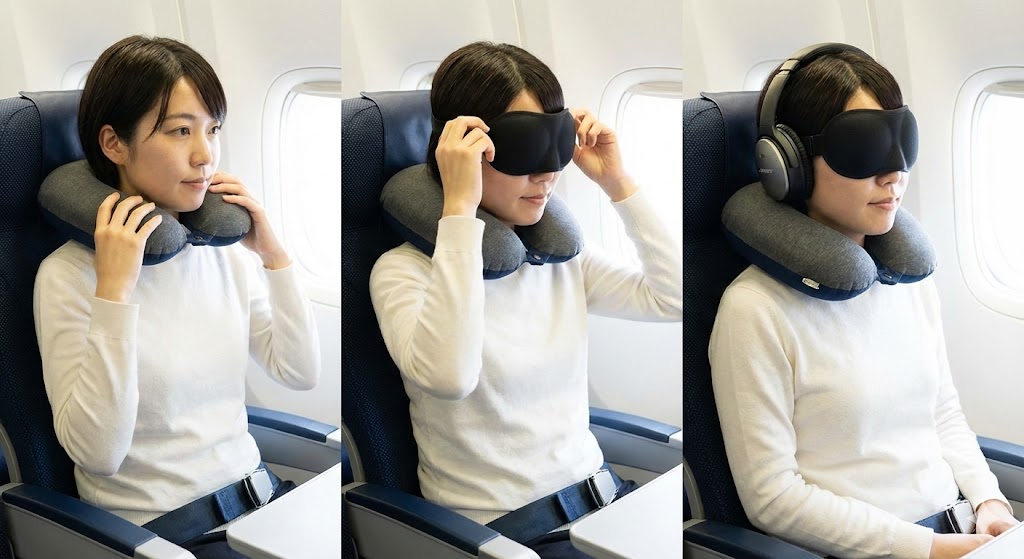 ヘッドホンやネックピローとの干渉を防ぐ装着の順番