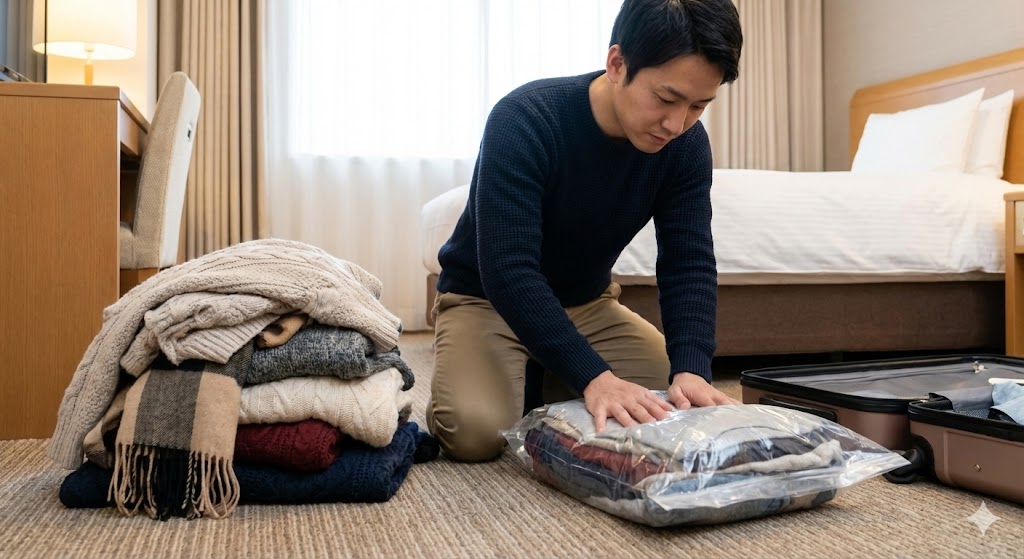 圧縮バッグを活用してボリュームのある布類をコンパクトに