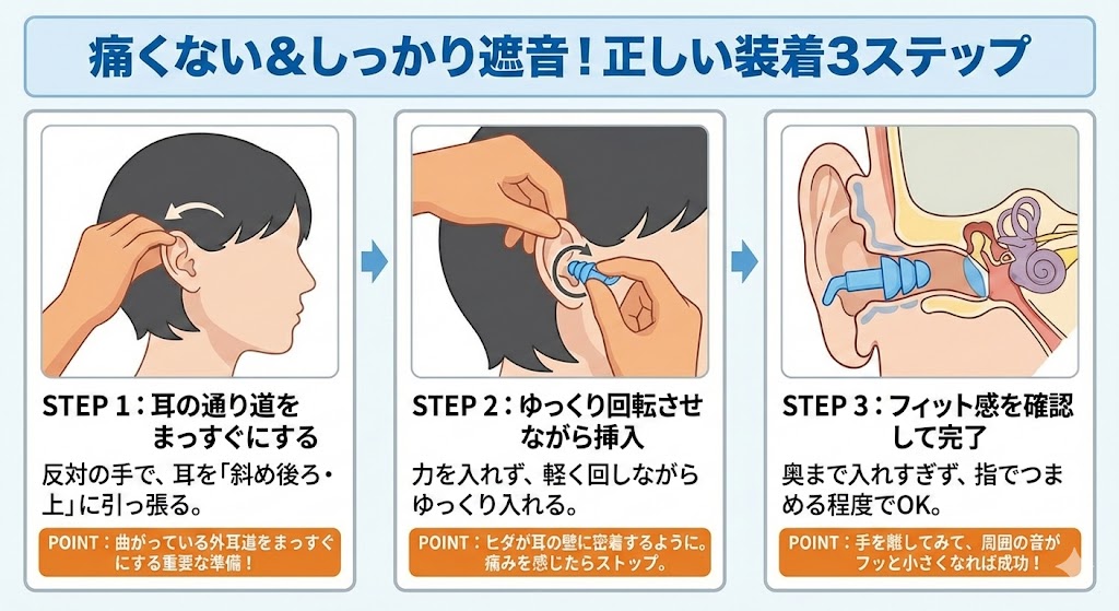 シリコン製のひだ型耳栓を装着する