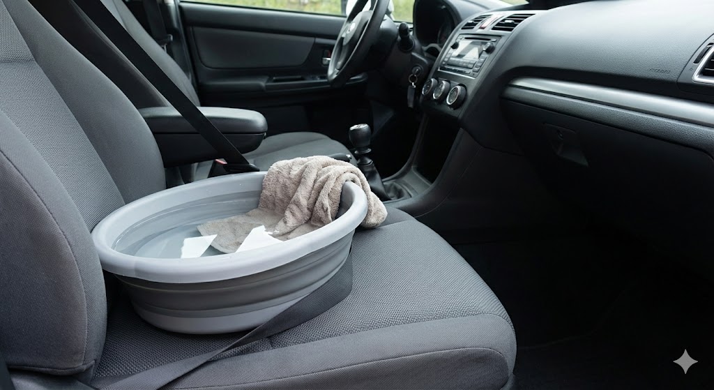 水をこぼさないで助手席に置く