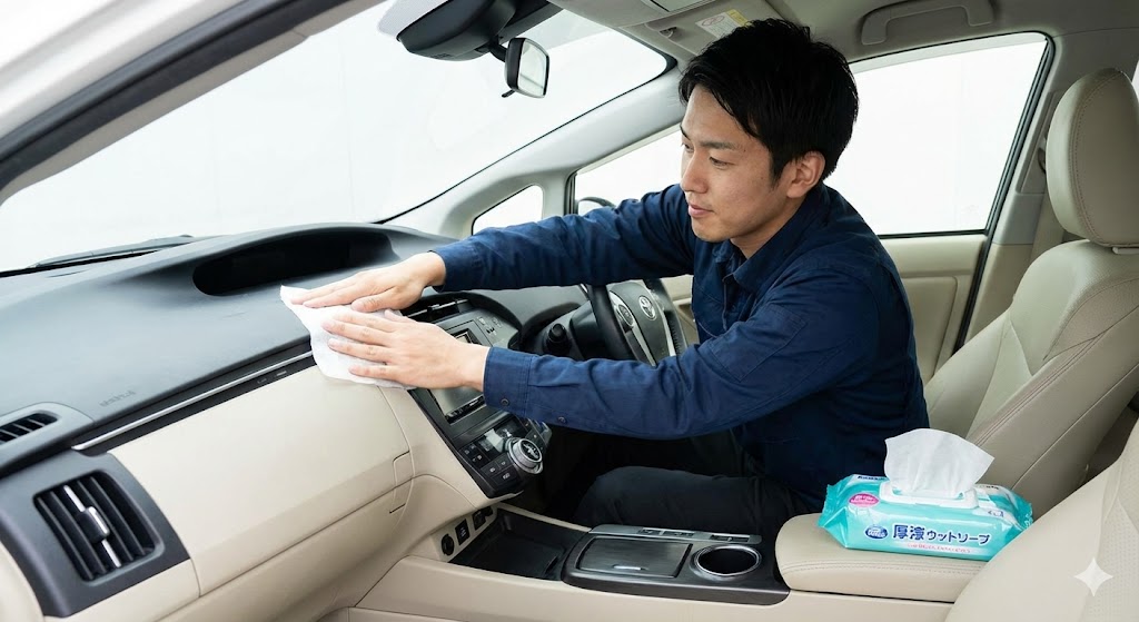 厚手のウェットティッシュで車内掃除を効率化