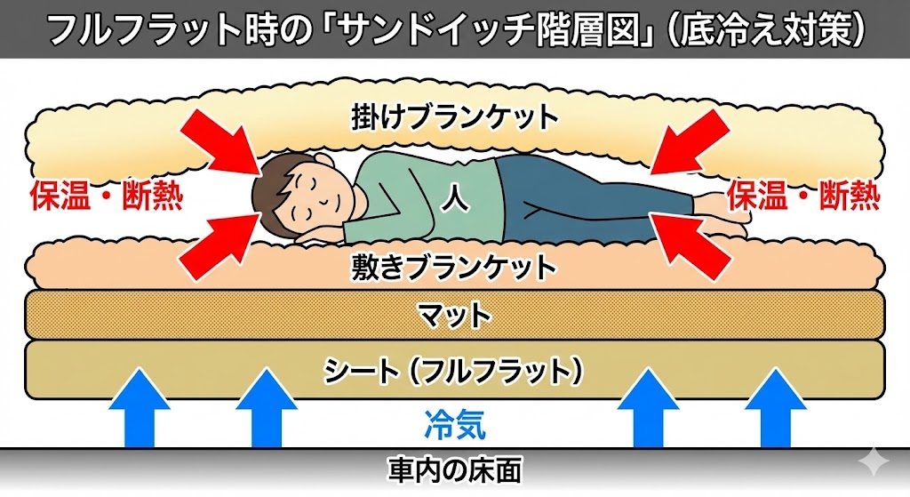 フルフラット時の底冷えを防ぐ活用術