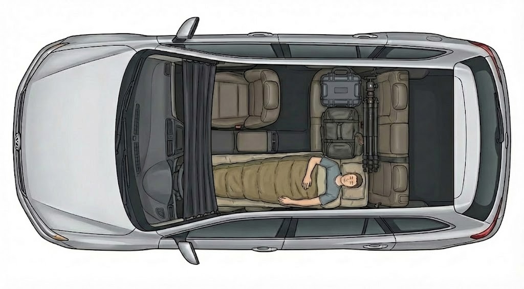 助手席でマットで寝て、隣シートに荷物を置く