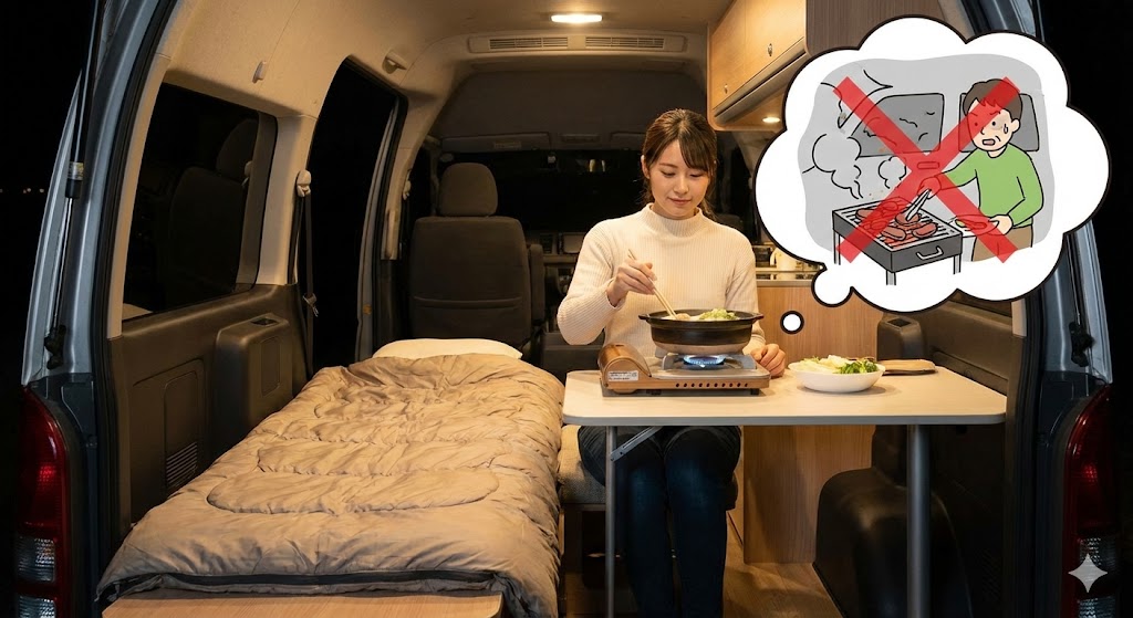 夕食：車内を汚さない「カセットコンロ」のルール