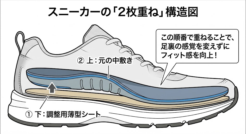 スニーカーを2枚重ねて隙間を確実に埋める