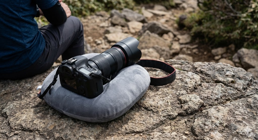 カメラマンの裏技：休憩中にネックピローを「機材の簡易クッション」として代用する