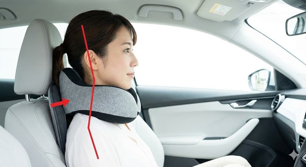 1. 後頭部の厚みを確認せよ：車のヘッドレストに干渉せず、首が前に押し出されない設計か？