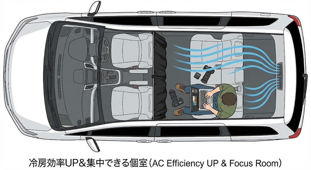 車内を区切る間仕切りカーテン