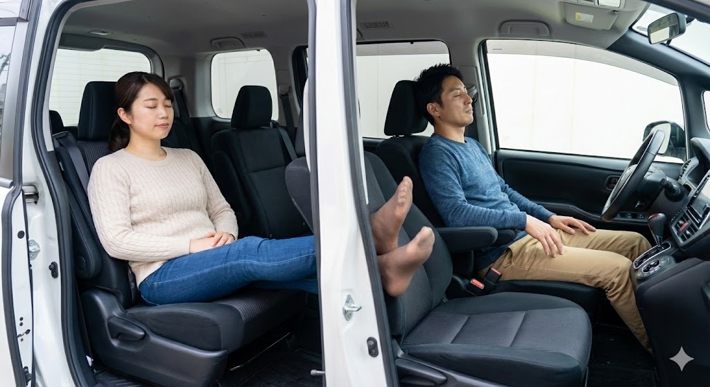 車の中:靴を脱いでリラックス「自分専用の休憩室」
