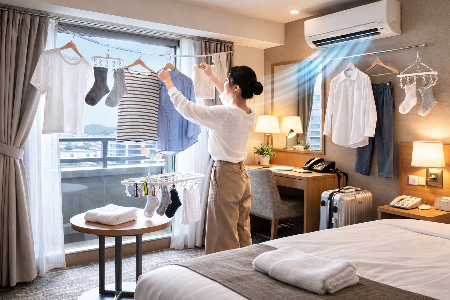 ホテルでの干し場所確保術