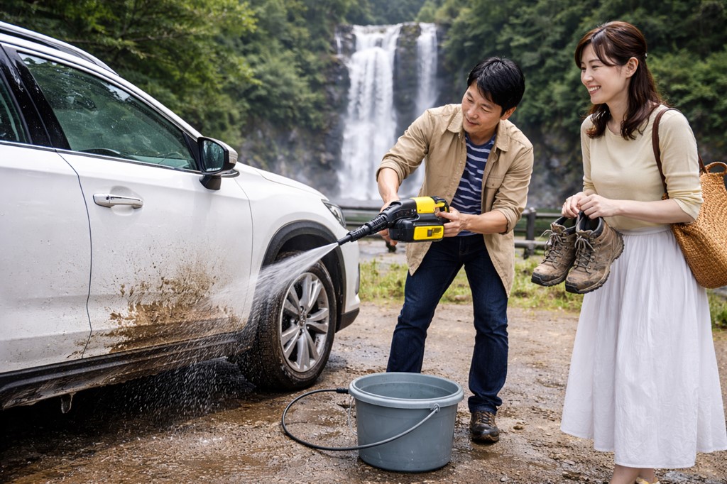 観光地の泥を携帯のケルヒャーで落とす