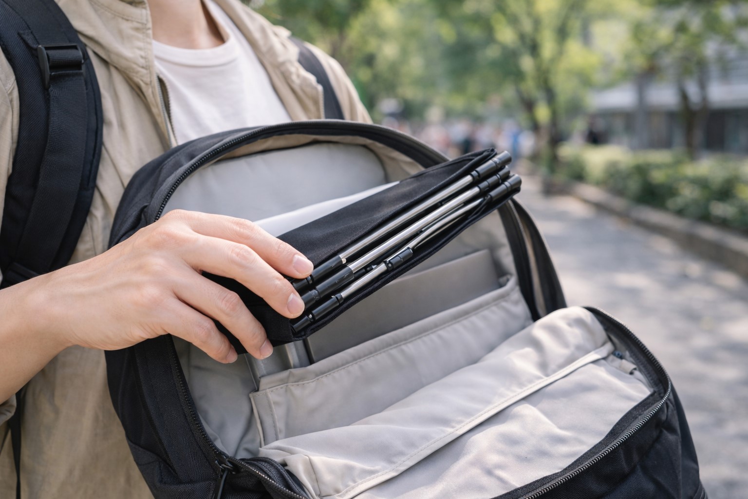 旅行カバンやリュックに入るスリムな形状