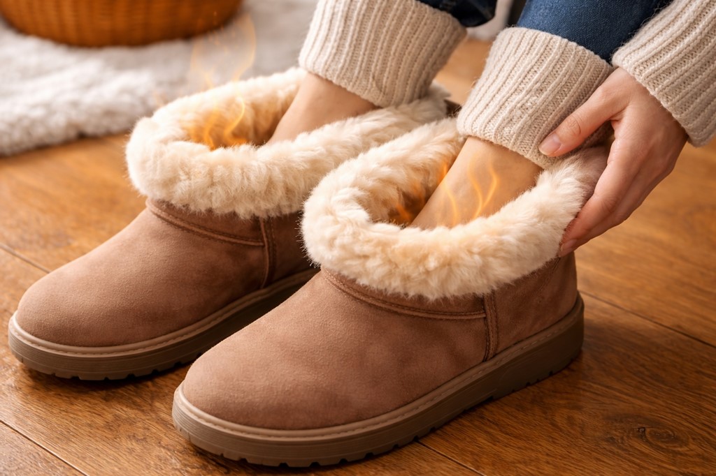 柔らかく足裏を包むファー素材の防寒性