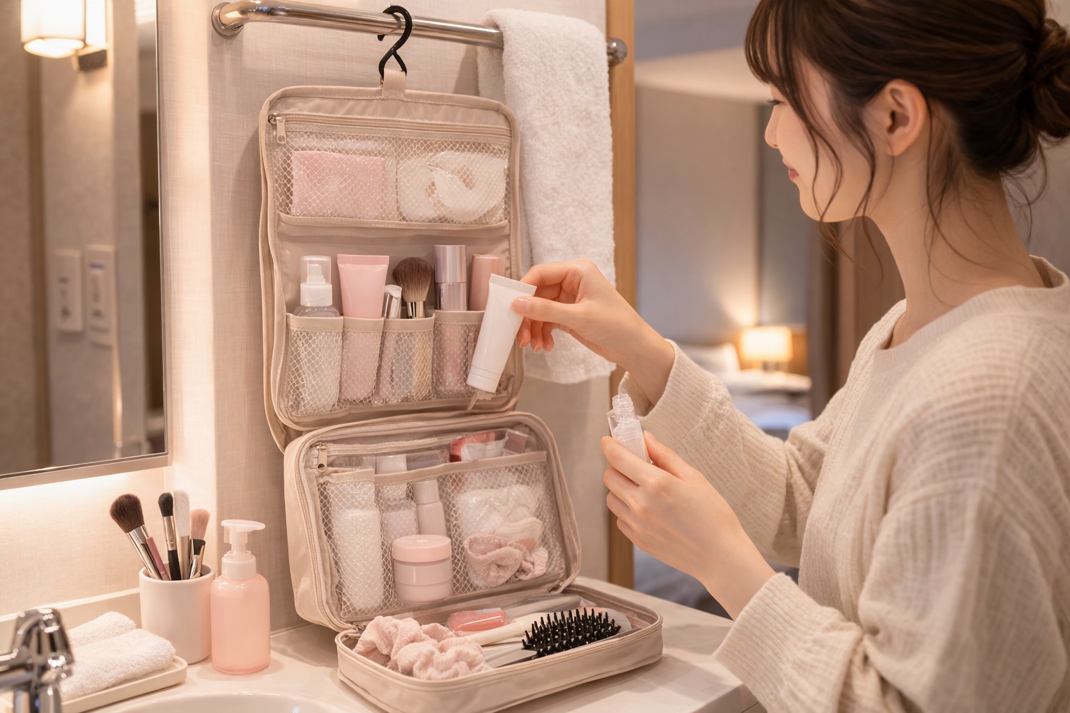 ホテルで役立つ吊り下げ式収納ポーチ