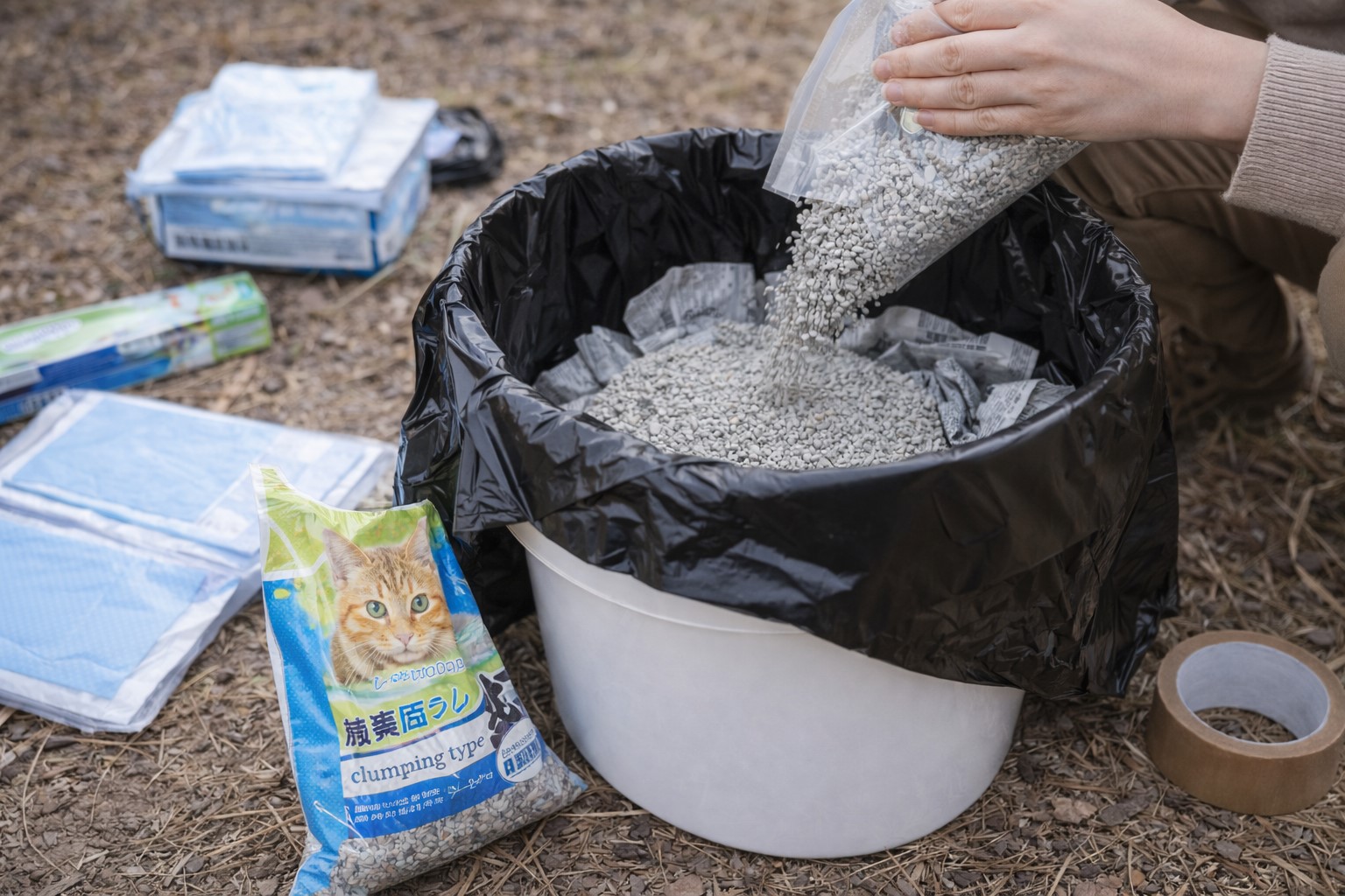 猫用の砂で簡易トイレを100均代用