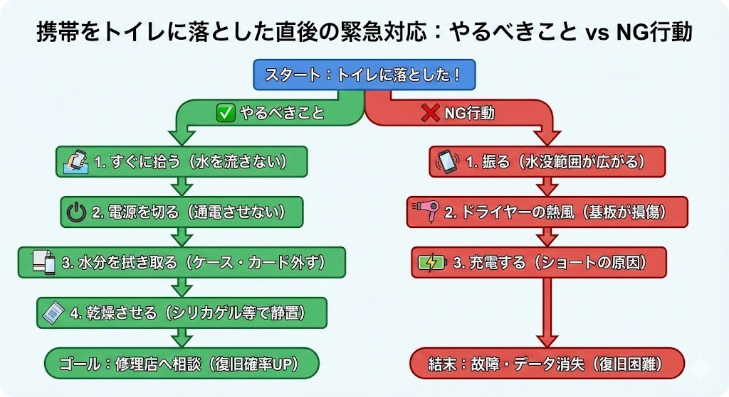 携帯をトイレに落とした直後の緊急対応