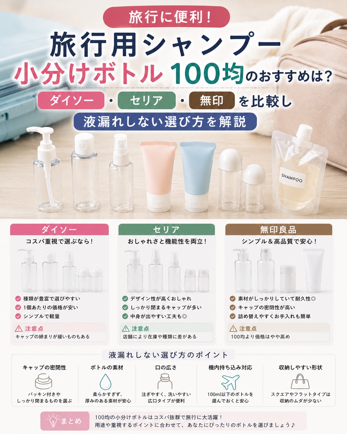 旅行用シャンプー小分けボトル100均のおすすめは?ダイソー・セリア・無印を比較し液漏れしない選び方を解説