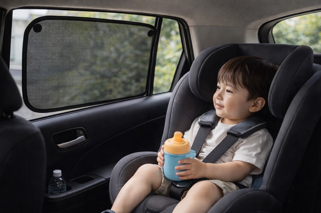 チャイルドシートに座る子供の日除け対策