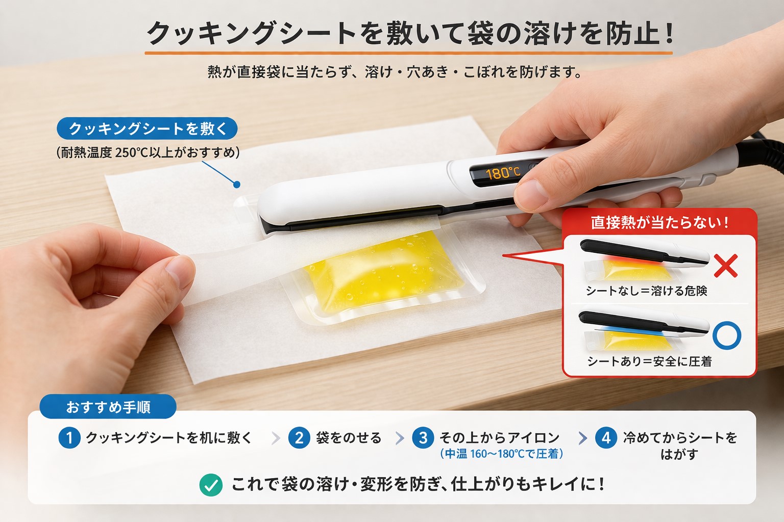 クッキングシートを敷いて袋の溶けを防止