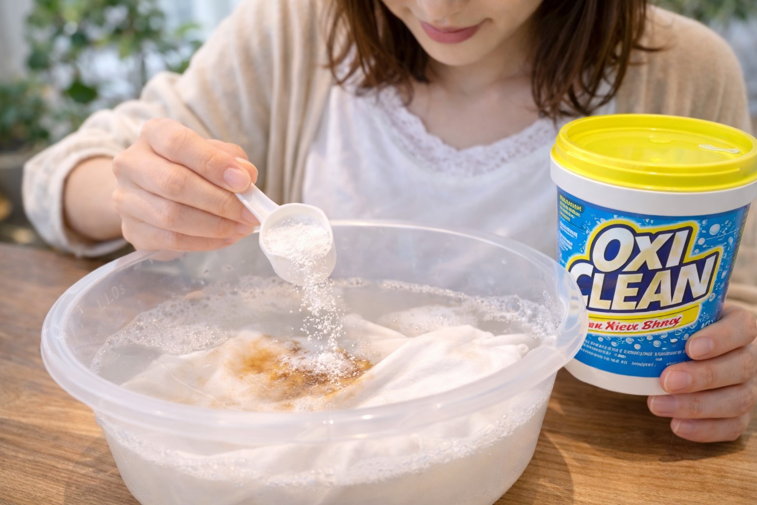 100均のオキシで帰宅後にシミ抜きをする