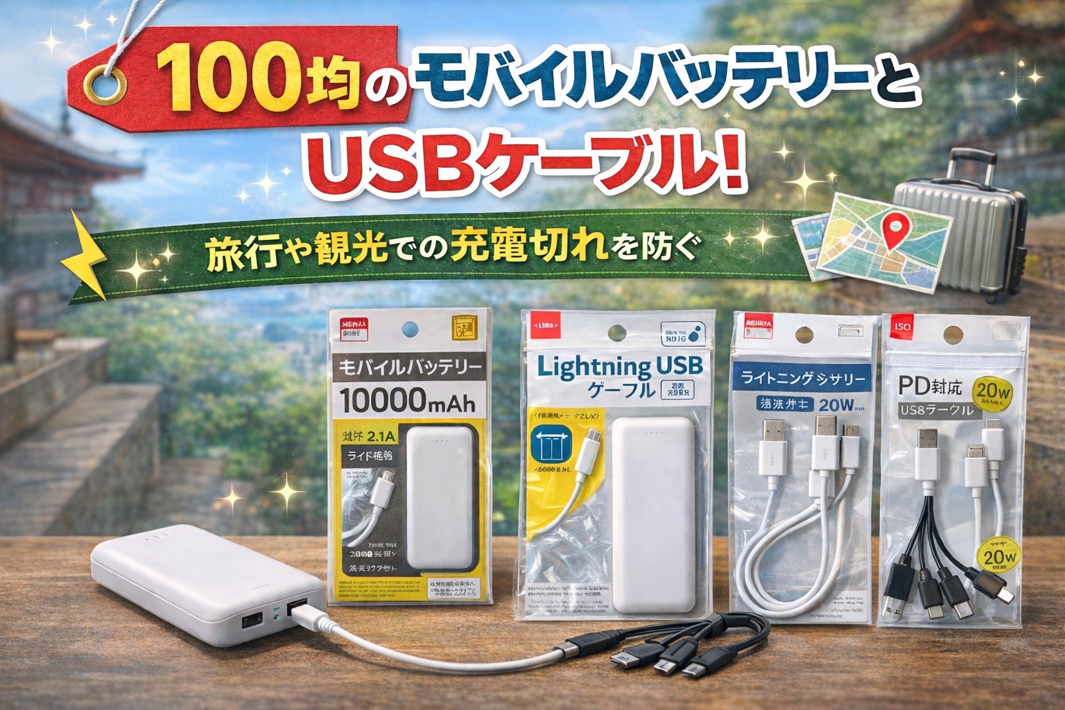 100均モバイルバッテリーやUSBケーブル！旅行の充電問題を解決