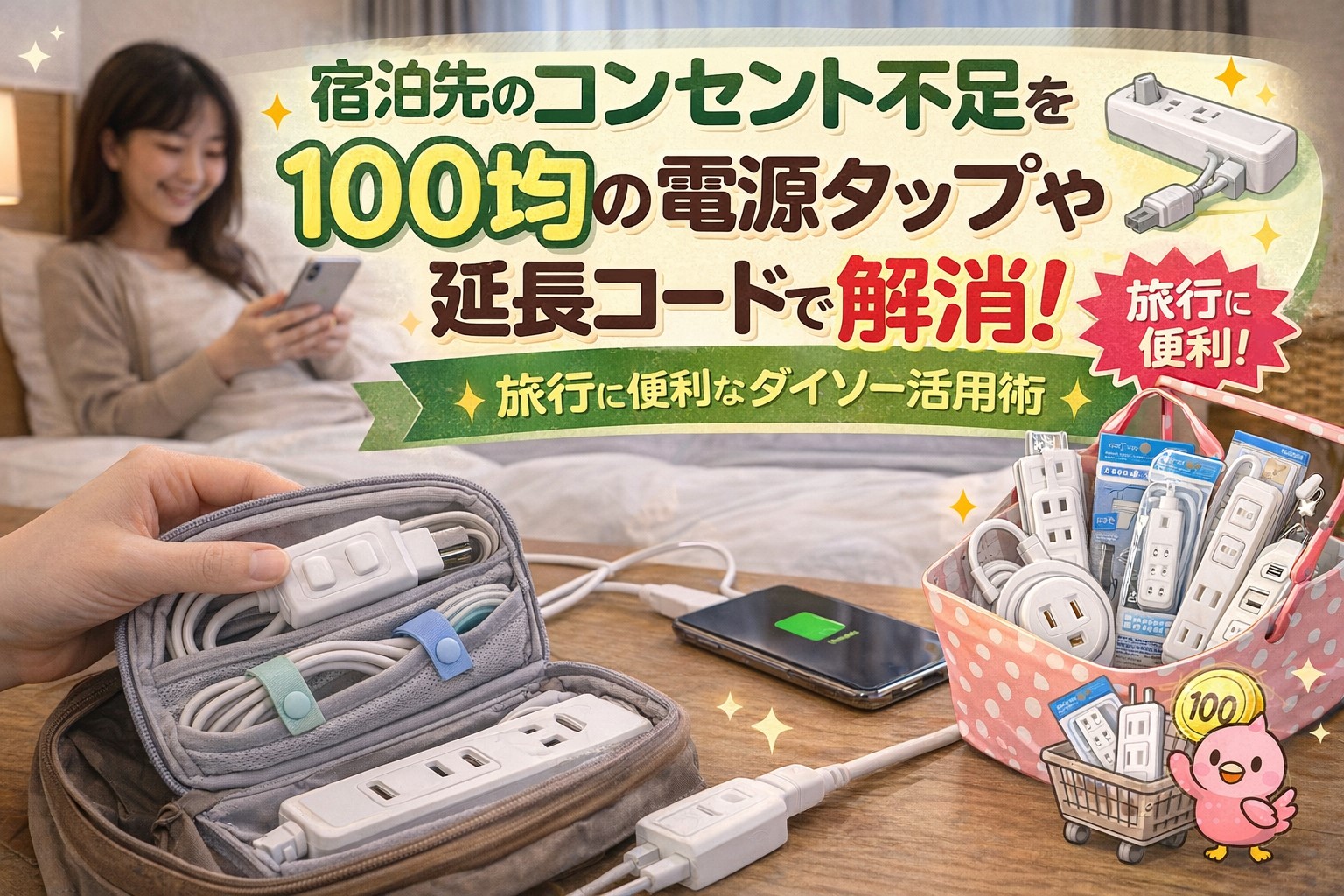 100均の電源タップと延長コードで旅行のコンセント不足を解消