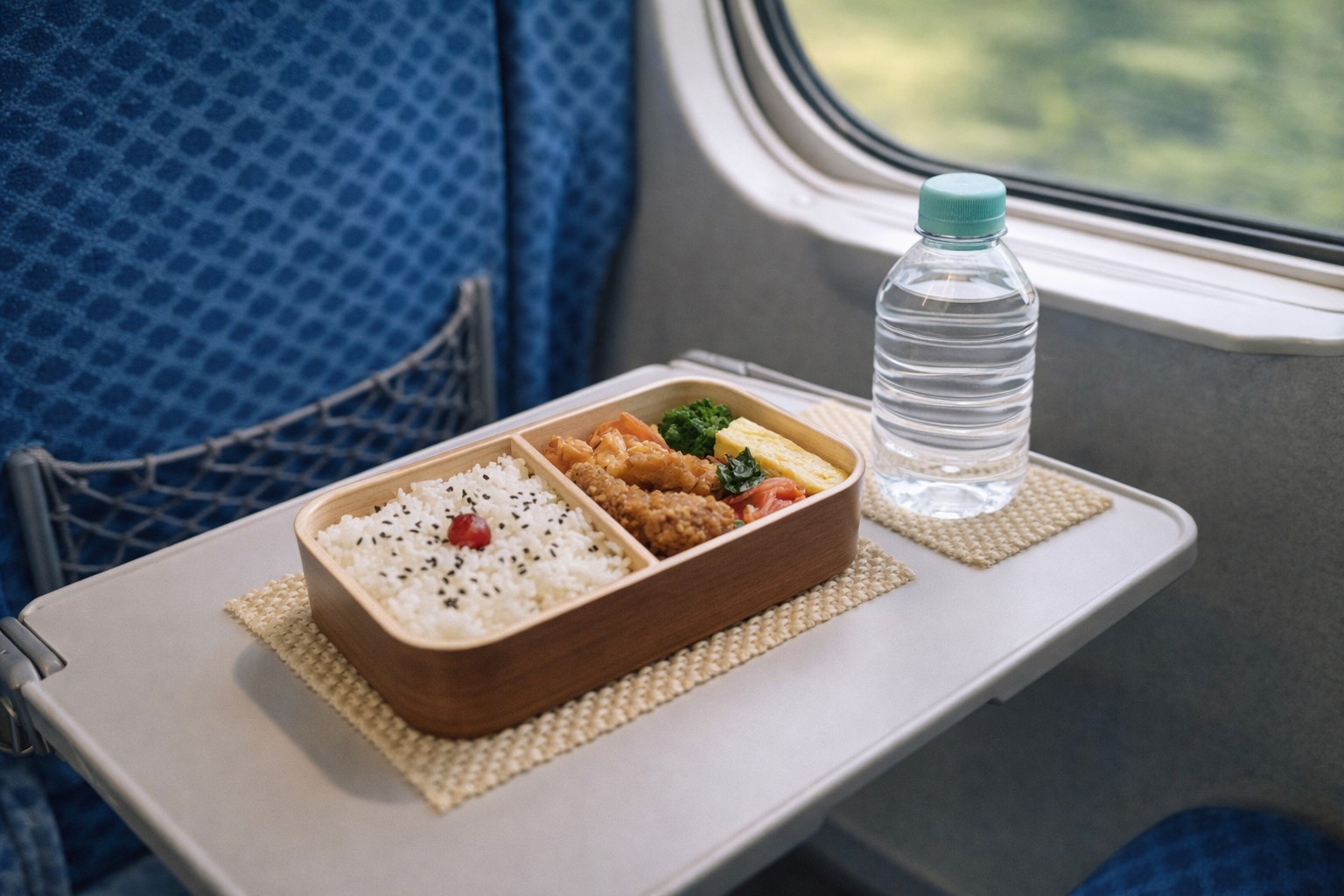 電車のテーブルから弁当を守る