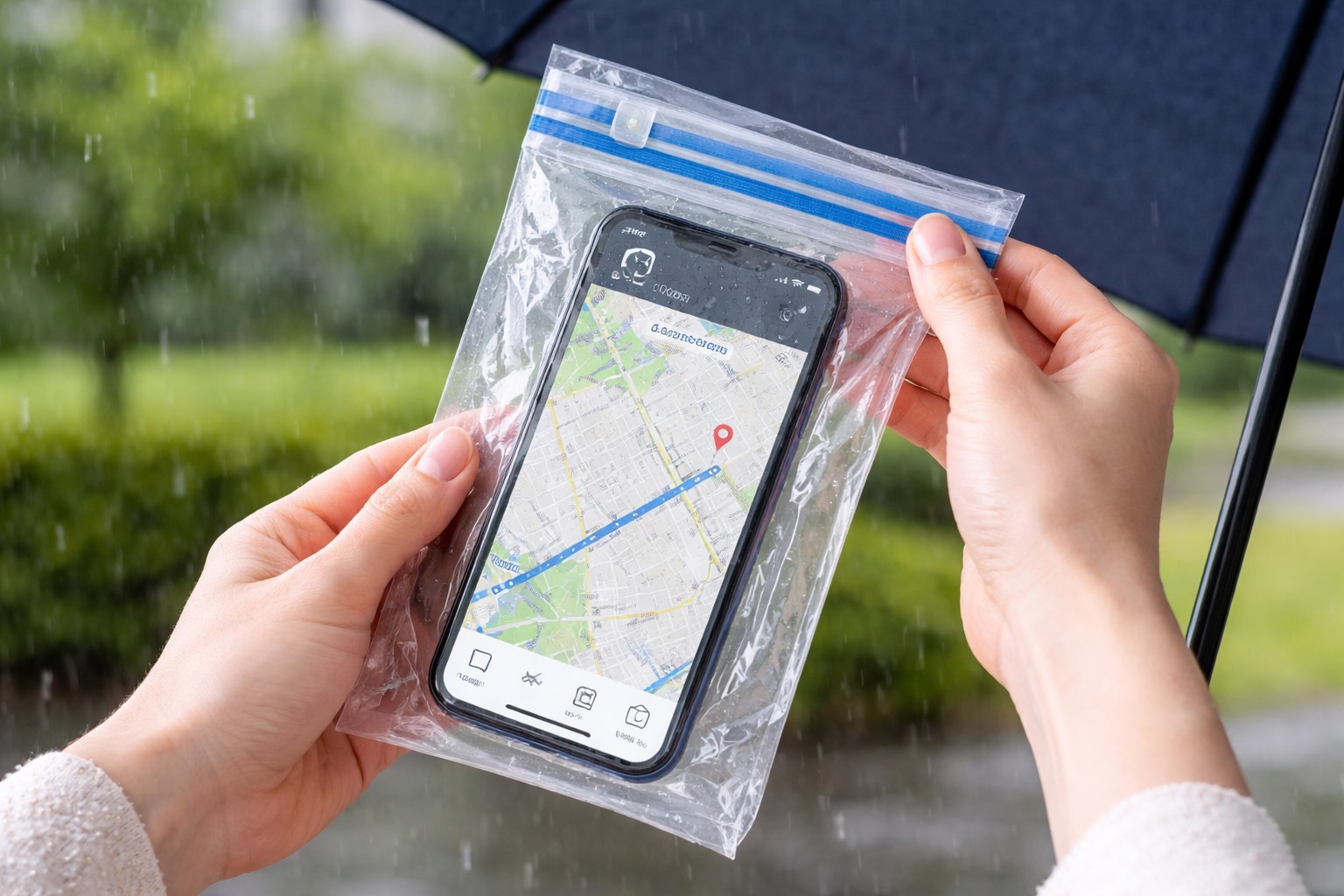 じゃない使い方でスマホを雨から守る