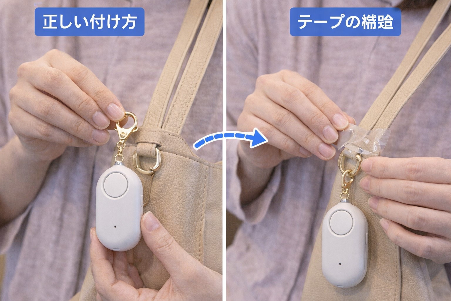 カバンへの正しい付け方とテープの工夫