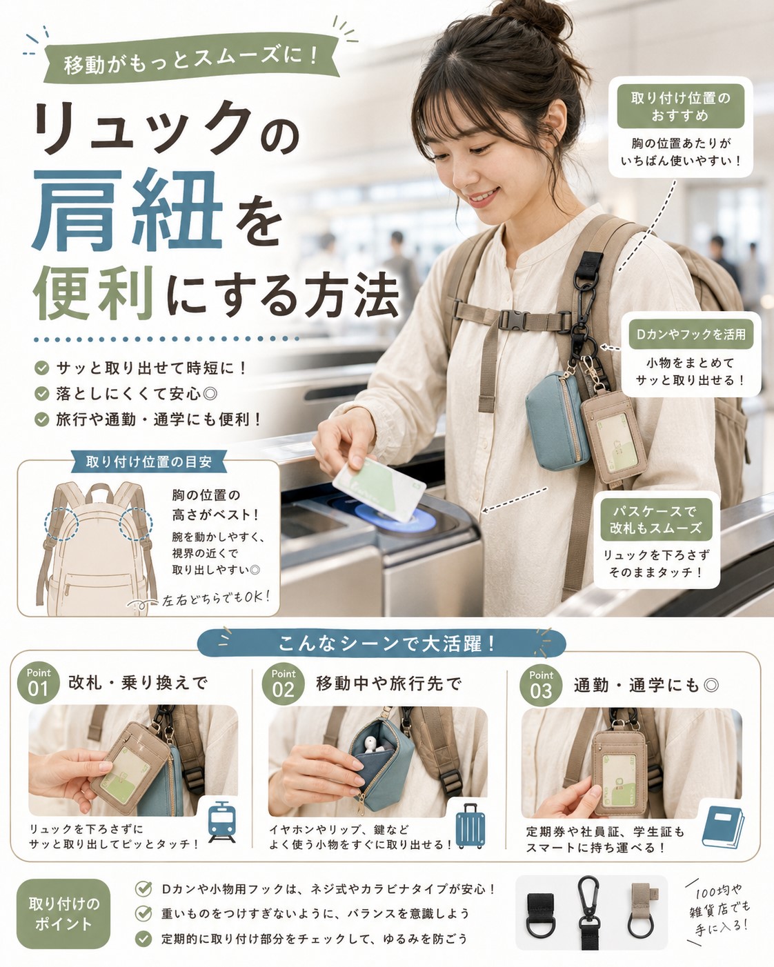 リュックの肩紐を便利にする方法