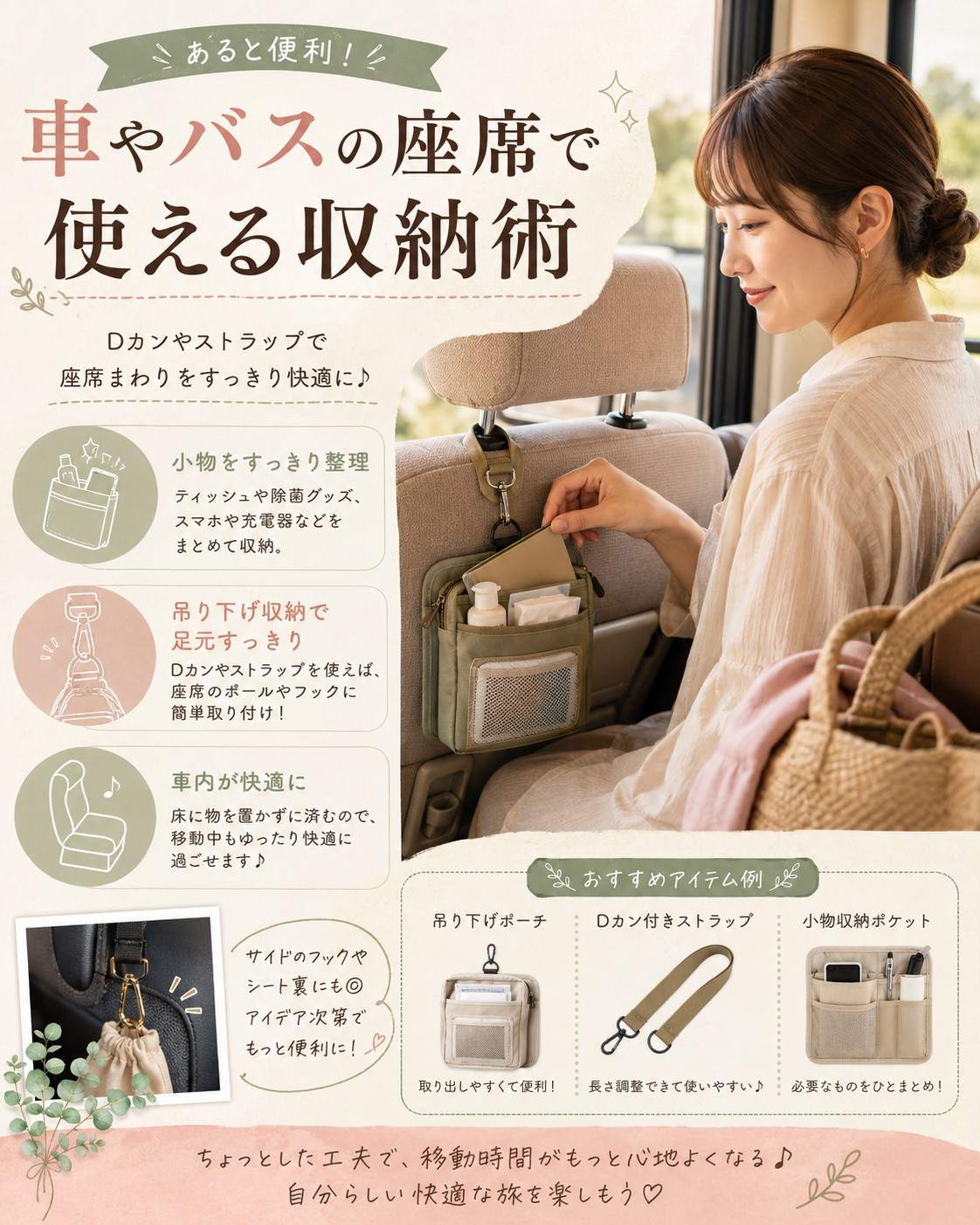 車やバスの座席で使える収納術