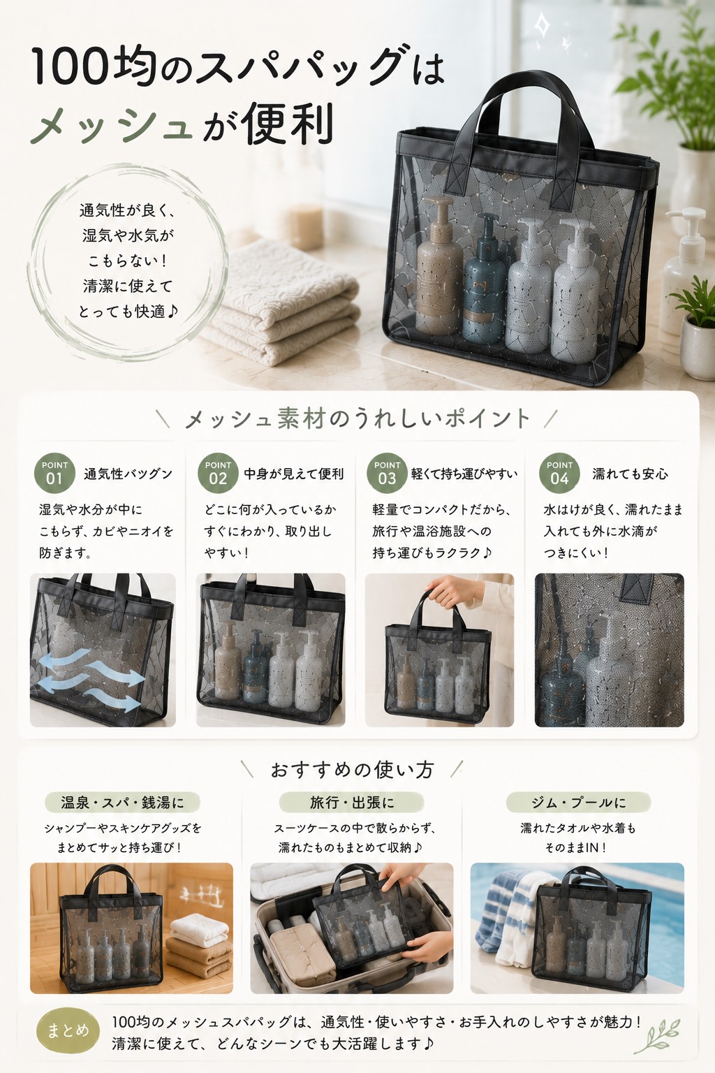 100均のスパバッグはメッシュが便利