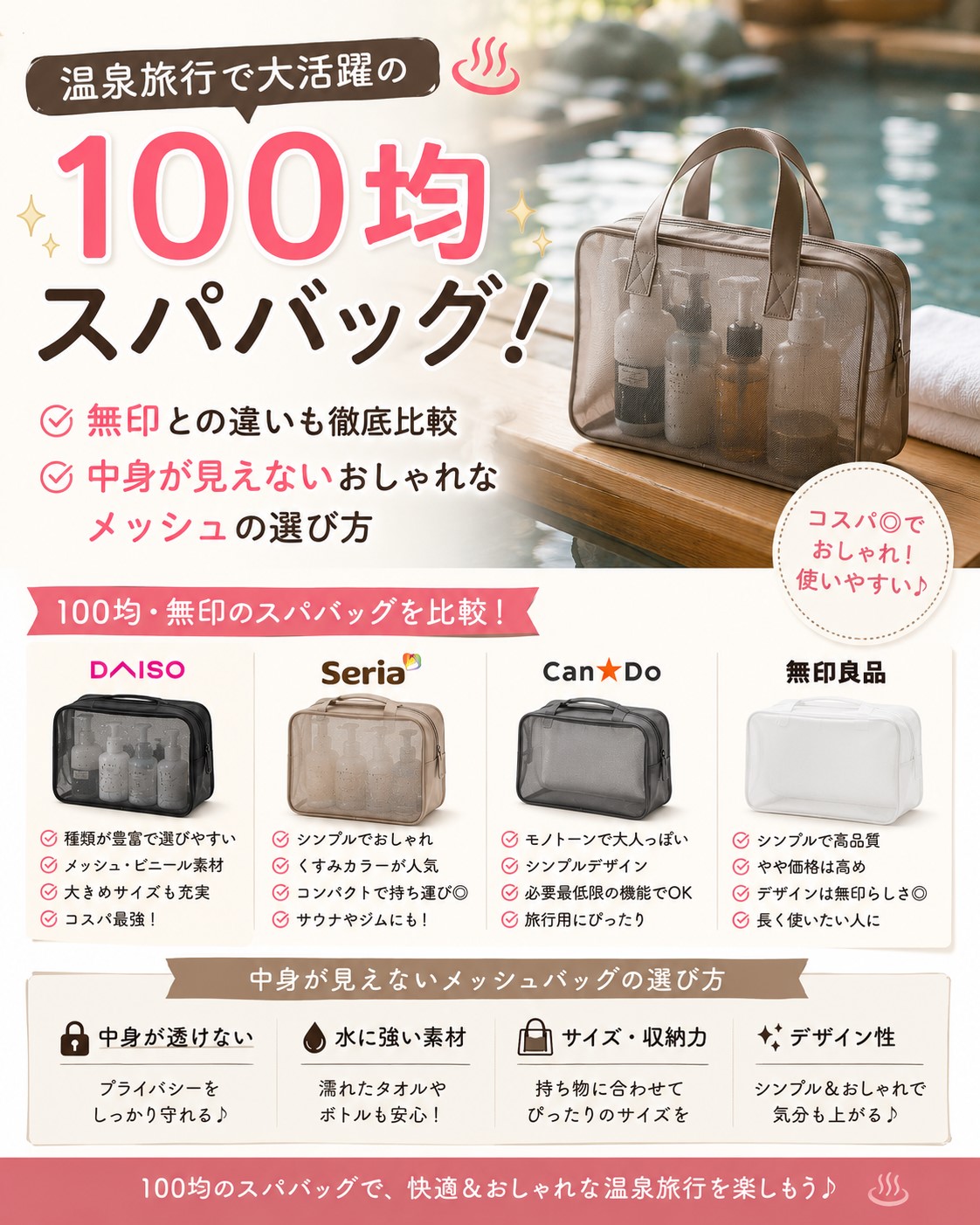 温泉旅行で大活躍の100均スパバッグ!無印との違いや中身が見えないおしゃれなメッシュの選び方