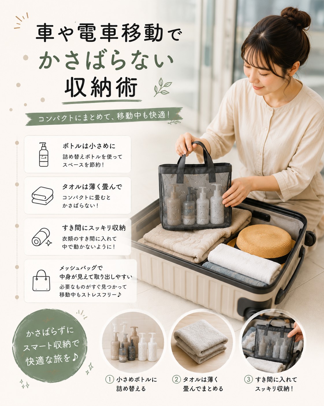 車や電車移動でかさばらない収納術