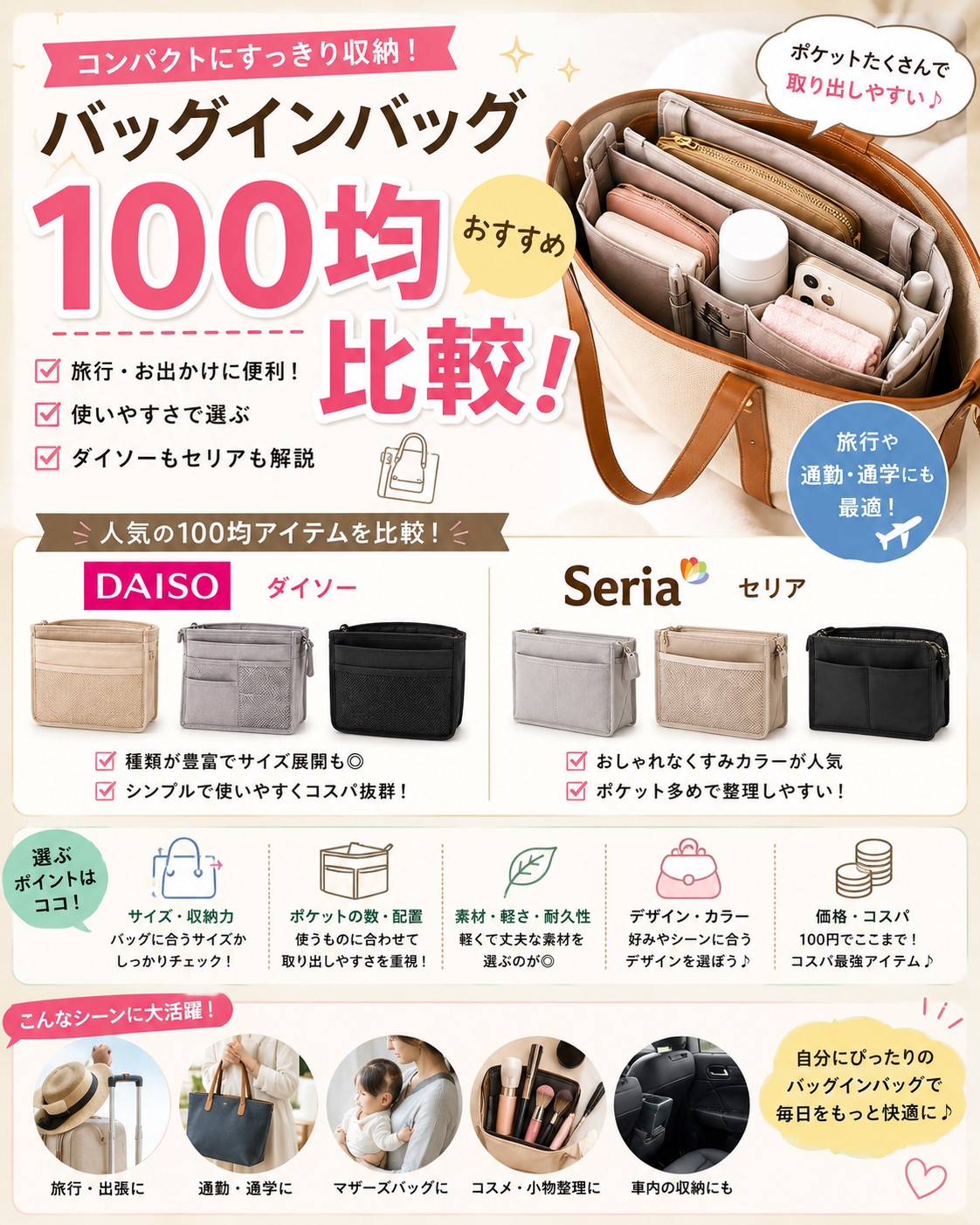 バッグインバッグ100均おすすめ比較!ダイソーもセリアも解説