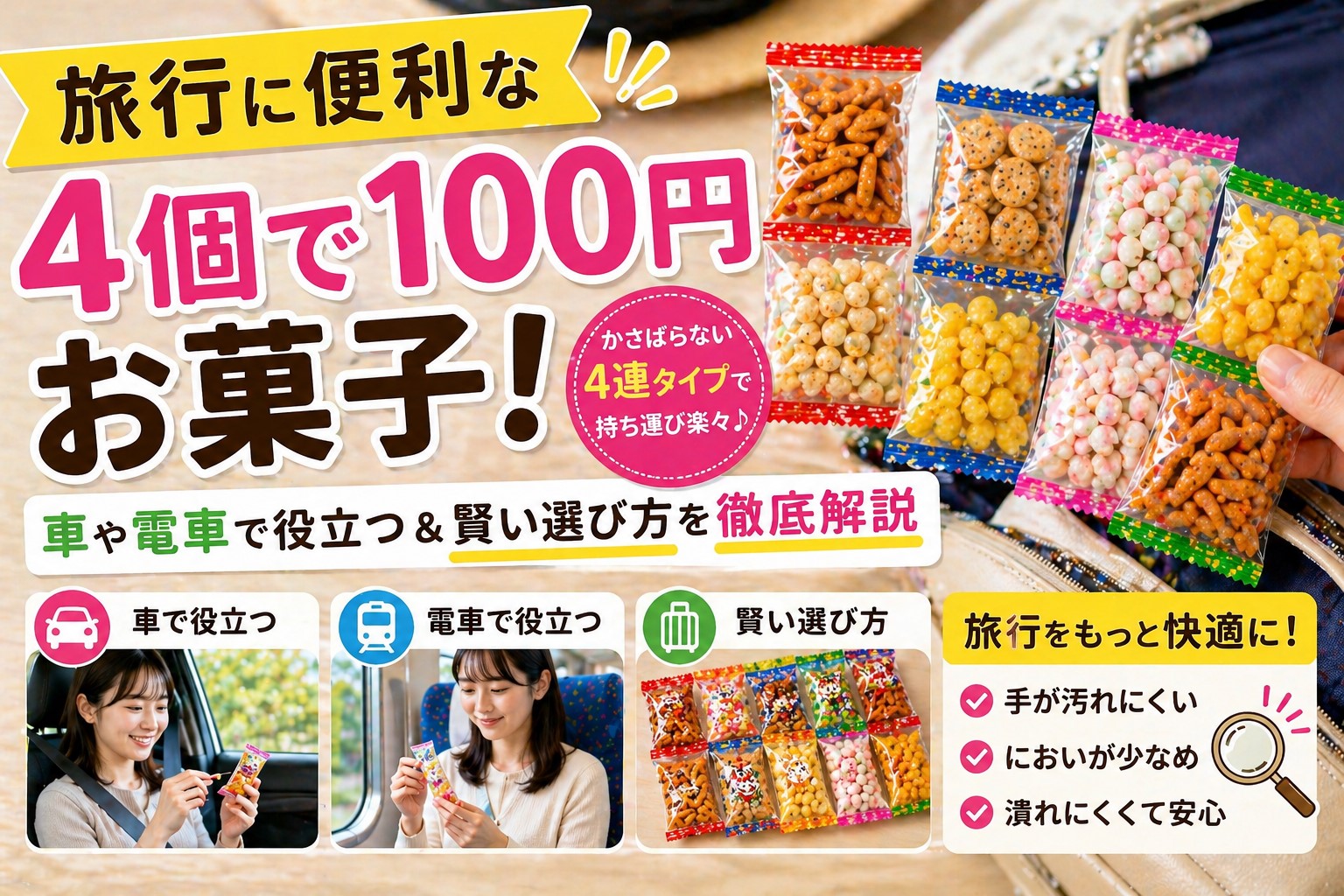 旅行に便利なダイソーの4個で100円お菓子！車や電車で役立つ4連タイプや賢い選び方を徹底解説