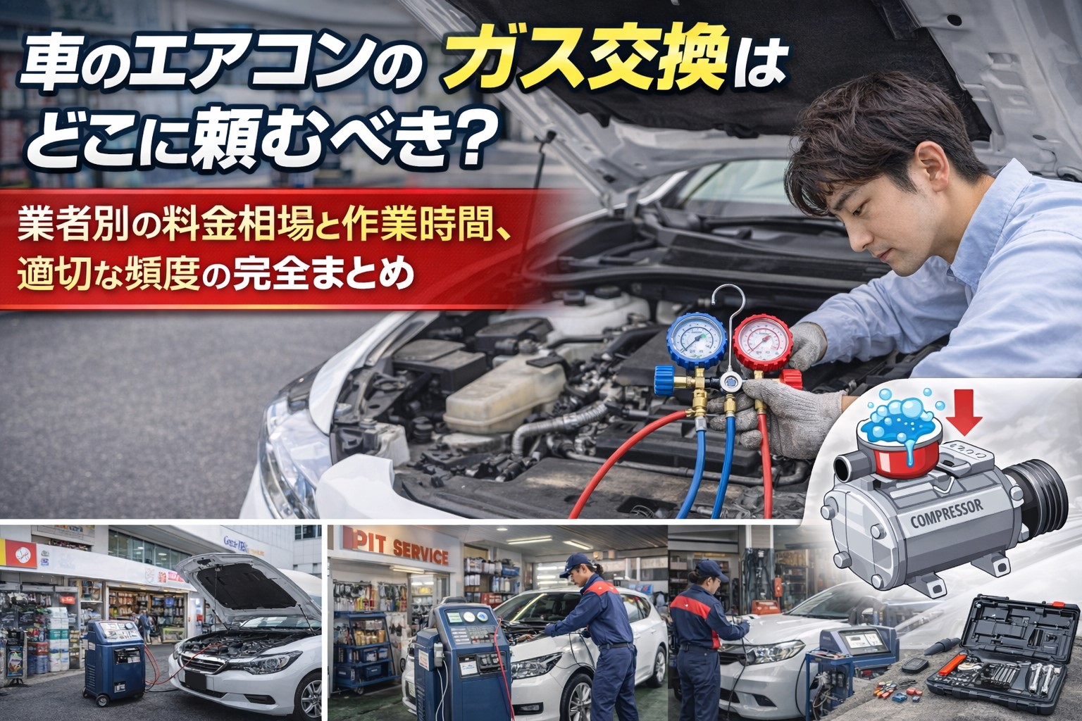 車のエアコンのガス補充はどこに頼むべき？業者別の料金相場と作業時間、適切な頻度の完全まとめ
