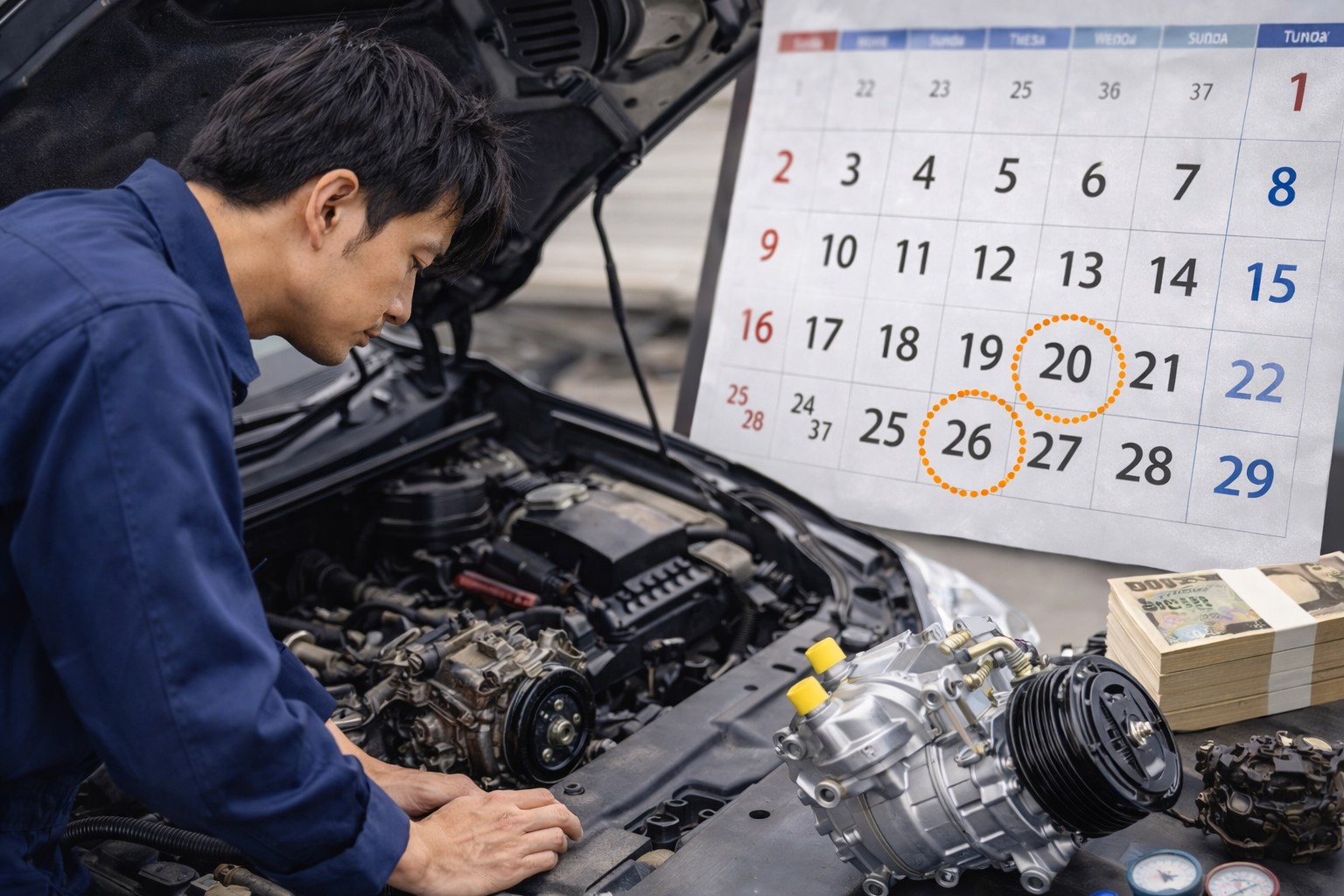 車のエアコン修理は何日かかる?