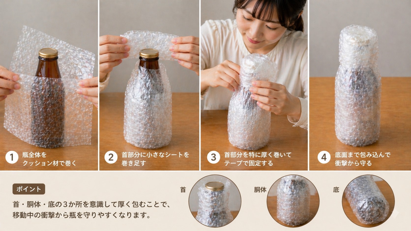瓶は最も割れやすい首部分を厚く巻く方法